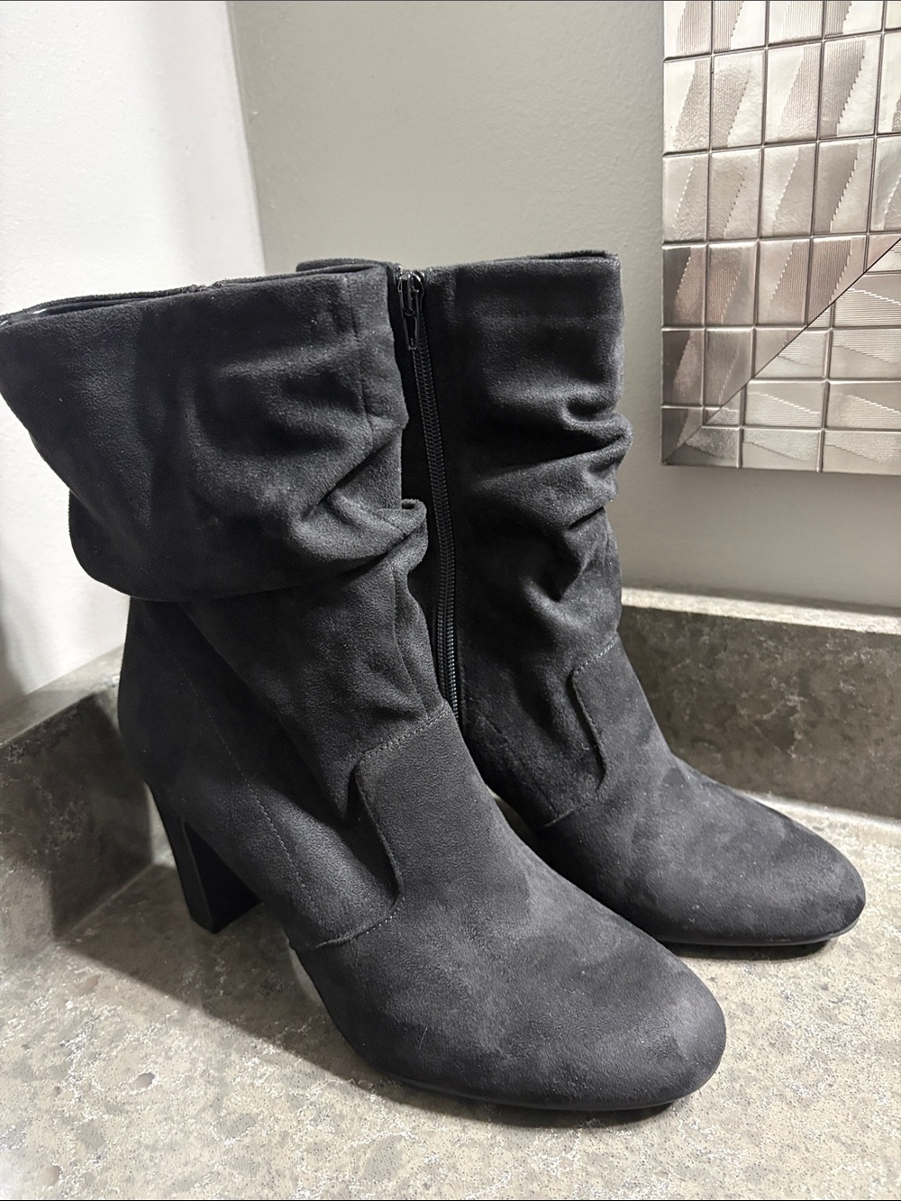 Kelly & Katie Black Suede Slouch Mid-Calf Heeled Boots